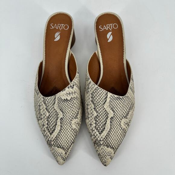 Franco Sarto Visa Mule Womens 9M Gray Cream Snake Print Embossed Leather Pointed - Picture 3 of 8